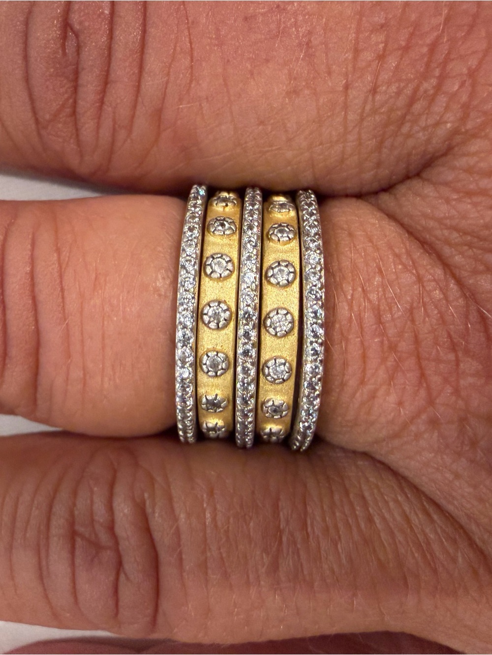 Frieda Rothman Stackable Ring Set – 5 Rings Mixed Metal Crystal Bands - Size 8